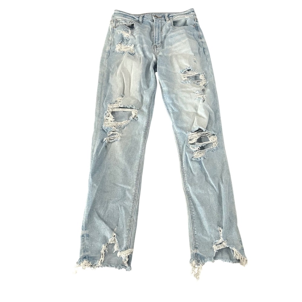 American‎ Eagle Highest Rise Mom Jeans Womens Size 6 Long Blue Denim Distressed